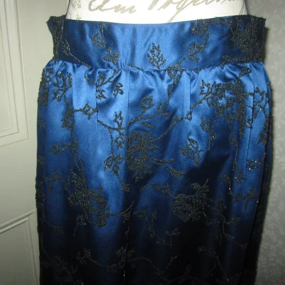 Chetta B Evening full length royal blue satin skirt w black beaded roses, sz 12